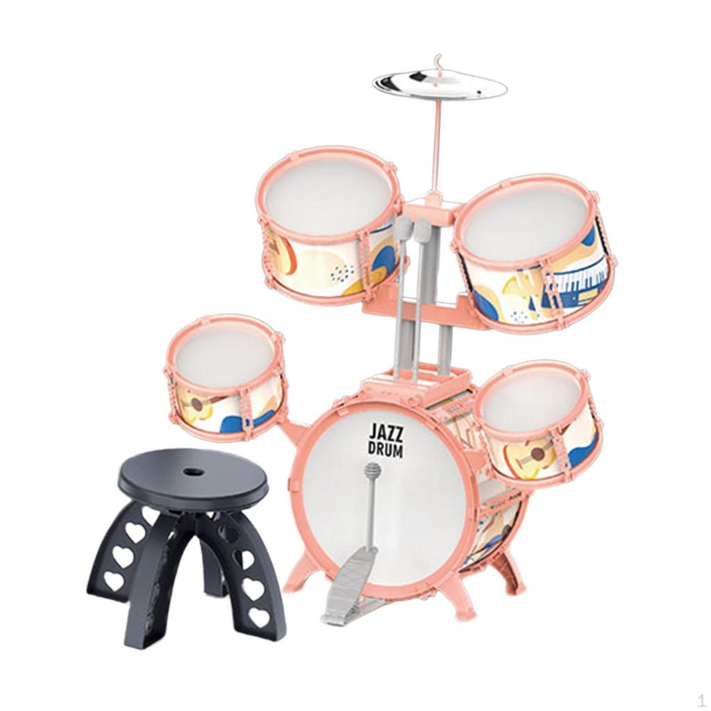Beginner Kids Drum Set Includes Drumsticks Stool Boys Girls PVC Development Music Toy Educational