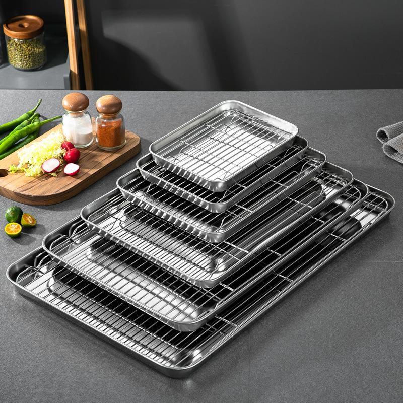 304 Stainless Steel Baking Tray with Pastry Cooling Grid Rack Nonstick Cake Pan Home Deep Oven Plates Kitchen Bakeware Tools