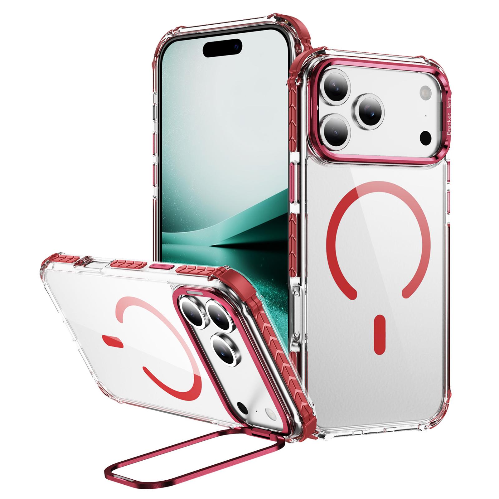 

Прозрачный чехол для iPhone 17 Pro Max с крышкой-подставкой для объектива, совместимый с MagSafe Red