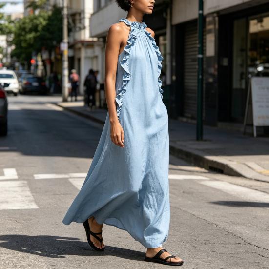 Summer Maxi Dress for Women Ruffle Halter Sleeveless Long A-Line Dress Casual Beach Vacation Flowy Sundress