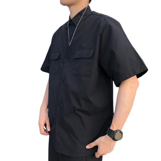 

Літо Весна Чоловіча сорочка карго з відкладним коміром Однобортний вільний однотонний одяг з короткими рукавами Вуличний робочий одяг Офісний верх 2XL чорний