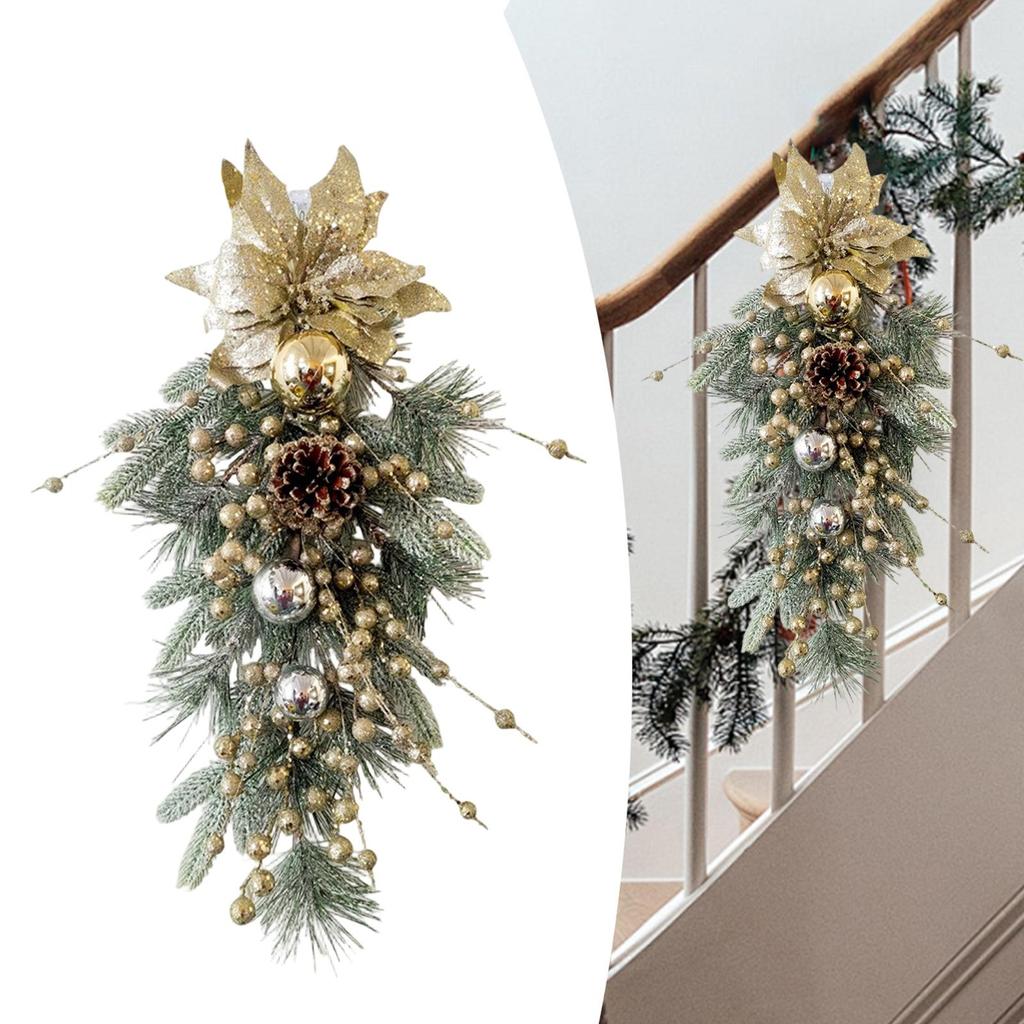 Christmas Teardrop Swag Wreath Green Leaves Christmas Decoration for Front Door for Home Fireplace Holiday Party Garden