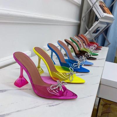 Sandalias de Tacón Alto con Lazo de Pedrería Nuevas de Verano 2024 para Mujer Gafas Puntiagudas y Chanclas de Punta Abierta para Mujer