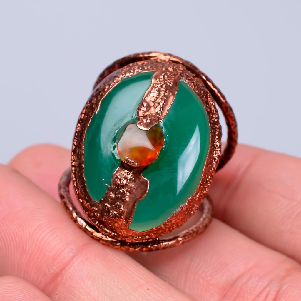 Oval Green Chalcedony Gemstone Eternity Electroformed Boho Ring Jewelry Copper V-62