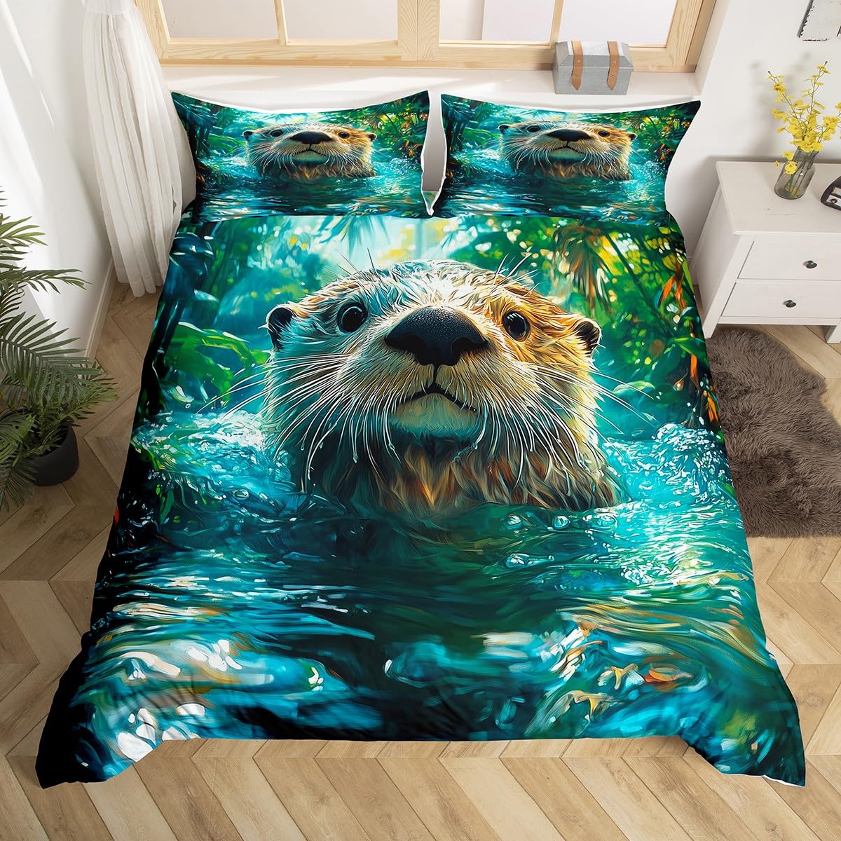 Housse de couette Loutres de mer Reine Simple, Ensemble de literie Loutre Mignonne, Housse de couette Animaux sous-marins Kawaii pour Chambre Garçons Adolescents Décor EU Single(135x200cm)