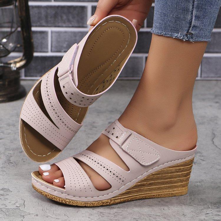 

2024 новые сандалии женские полые швейные босоножки на танкетке высокий каблук большие размеры тапочки женские 39