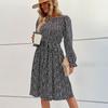 Abiti da donna primaverili e autunnali Abito plissettato a maniche lunghe con gonna allacciata con stampa leopardata