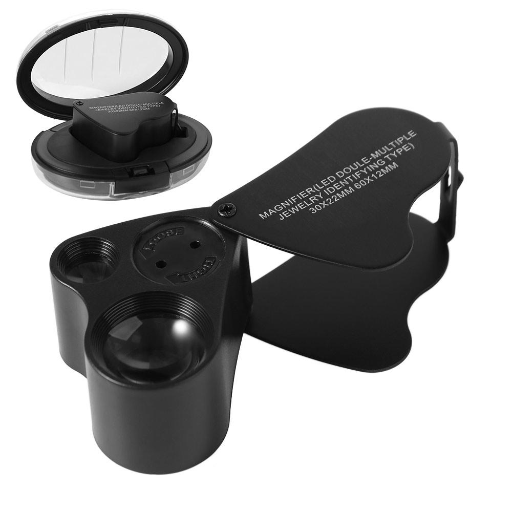 with Bright LED Light 30X 60X Illuminated Loupe Adjustable Lighting Flexible Foldable Jewelry Magnifier Hands Free Dual Lens
