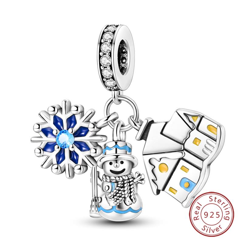 Original Copper Charms Beads Winter Snowflake Snowman Igloo Penguin Pendant Fit Bracelet Women Jewelry Gift
