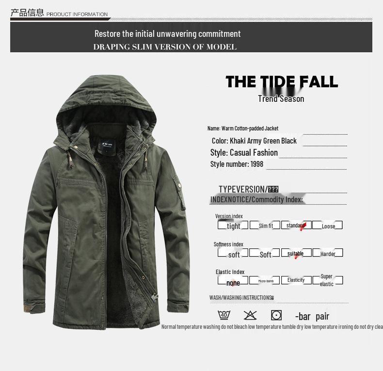 Men's Mid-Length Winter Slim Fit Washed Cotton Jacket - Thick Workwear Coat