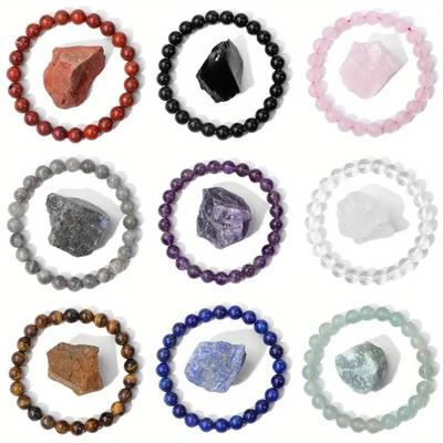 Naturstein-Perlenarmband mit Mineralstein, Reiki-Quarz-Armreifen, Tigerauge, Lapislazuli, Amethyste, elastisches Armband