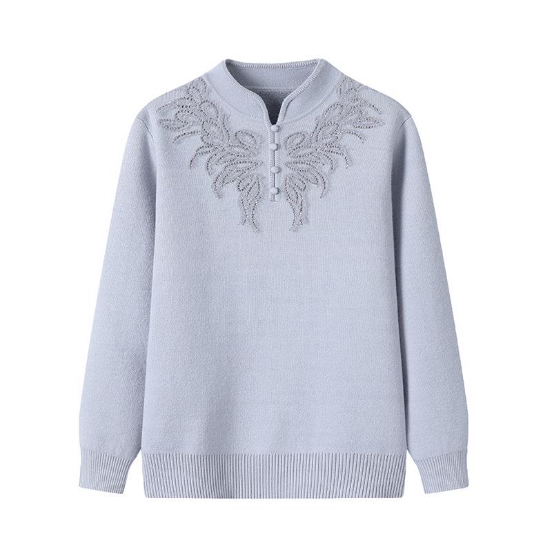 Mom's 2025 Autumn Chinese Style Sweater for Middle-Aged Women, Warm Velvet Knit, Age-Reducing for Winter/Autumn