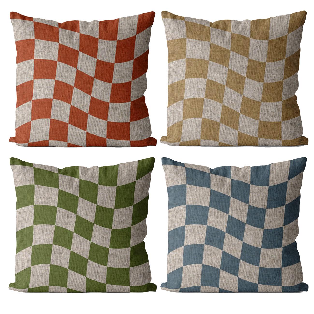 Tonnika Chen Unisex Nordic Decorative Checkerboard Pillowcase Linenpillow Cover Checkerboard Cushion Cover For Sofa Living Room Home Decor