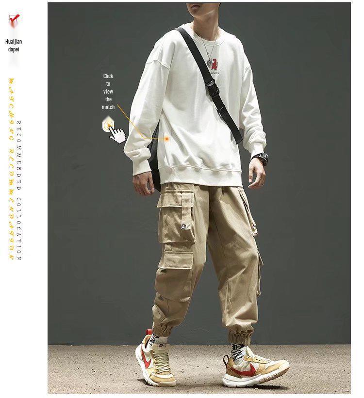 Men's American Trendy Multi-Pocket Loose Cargo Joggers - Military Green Parachute Pants, Casual Retro Style for Autumn.