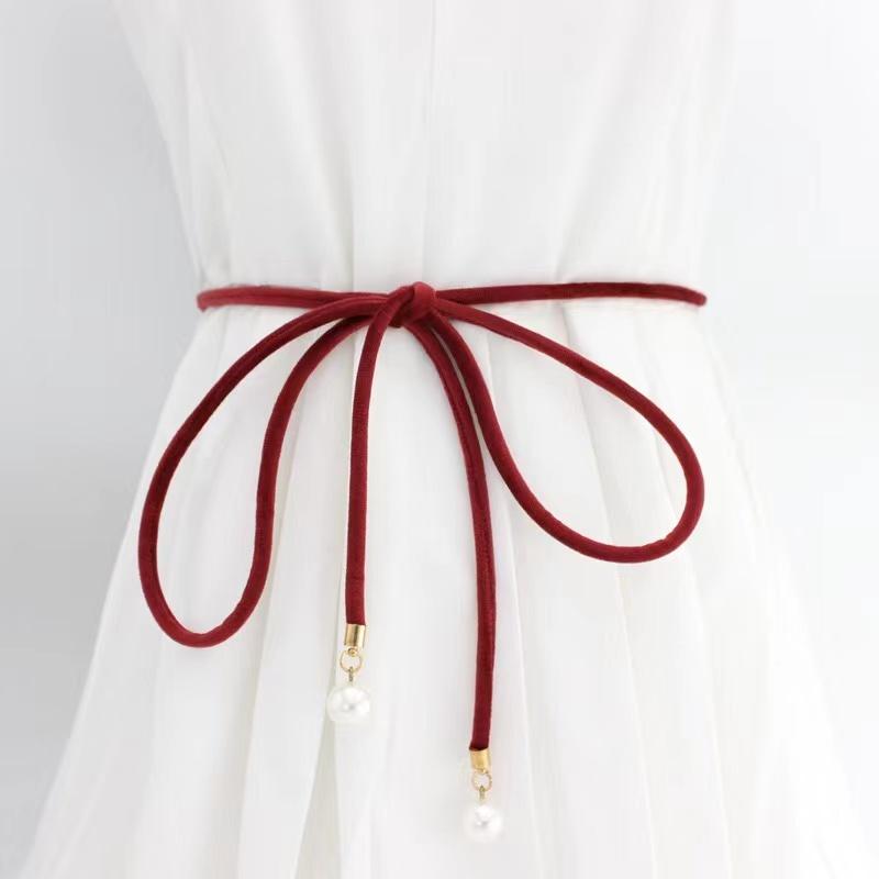 

Простой летний пояс для платья, элегантный жемчужный тонкий пояс для женщин, длинный кожаный пояс из пеньковой веревки для девочек 150cm красный