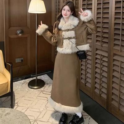 Winter Pink Warm Jacket Suits Korean Fashion Faux Fur 2 Piece Skirt Set Women Casual Y2k Blazers Coats + Mini Skirts Chic