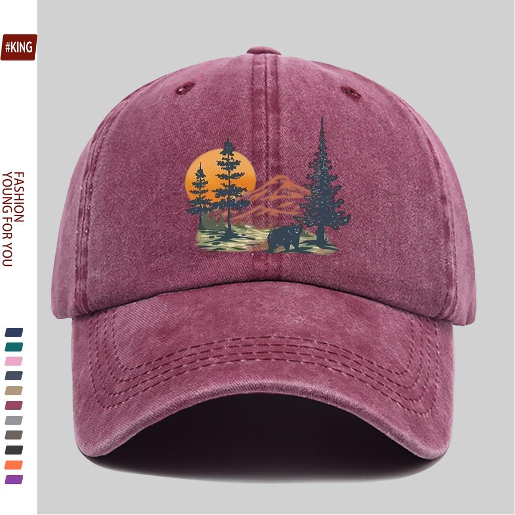 Mountain Bear Sunset Graphic Washed Cotton Baseball Cap Outdoor Adjustable Snapback Hat