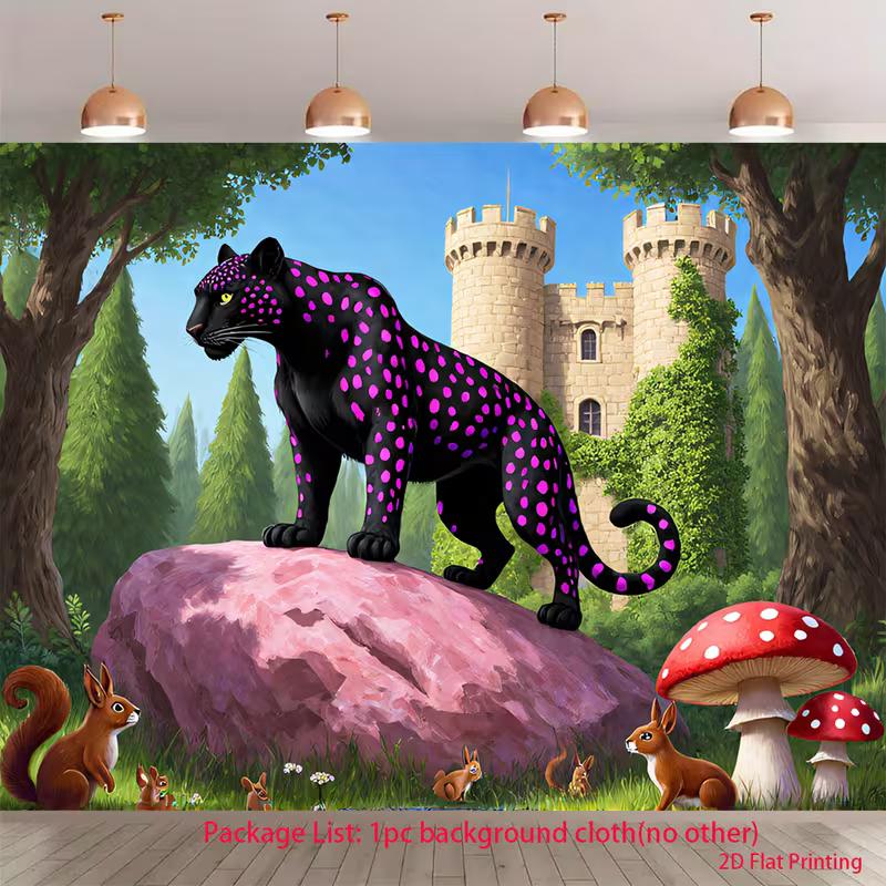 2D Fairytale Panther Backdrop 2D Black Panther Pink Spots Photo Background for Themed Shoot 47.2x31.5inch/120*80cm