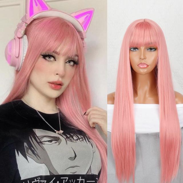 MISS WIG Long Straight Hair Natural Heat Resistant Fiber Black Wig for Women Daily Wear Wigs Pink Red Cosplay Wigs