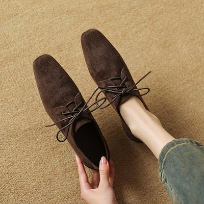 Moda NUEVO Primavera/Otoño Zapatos Mocasines para Mujer Punta Cuadrada Tacón Bajo Zapatos de Piel de Ante de Oveja para Mujer Zapatos de Salón con Cordones para Mujer Zapatos Concisos