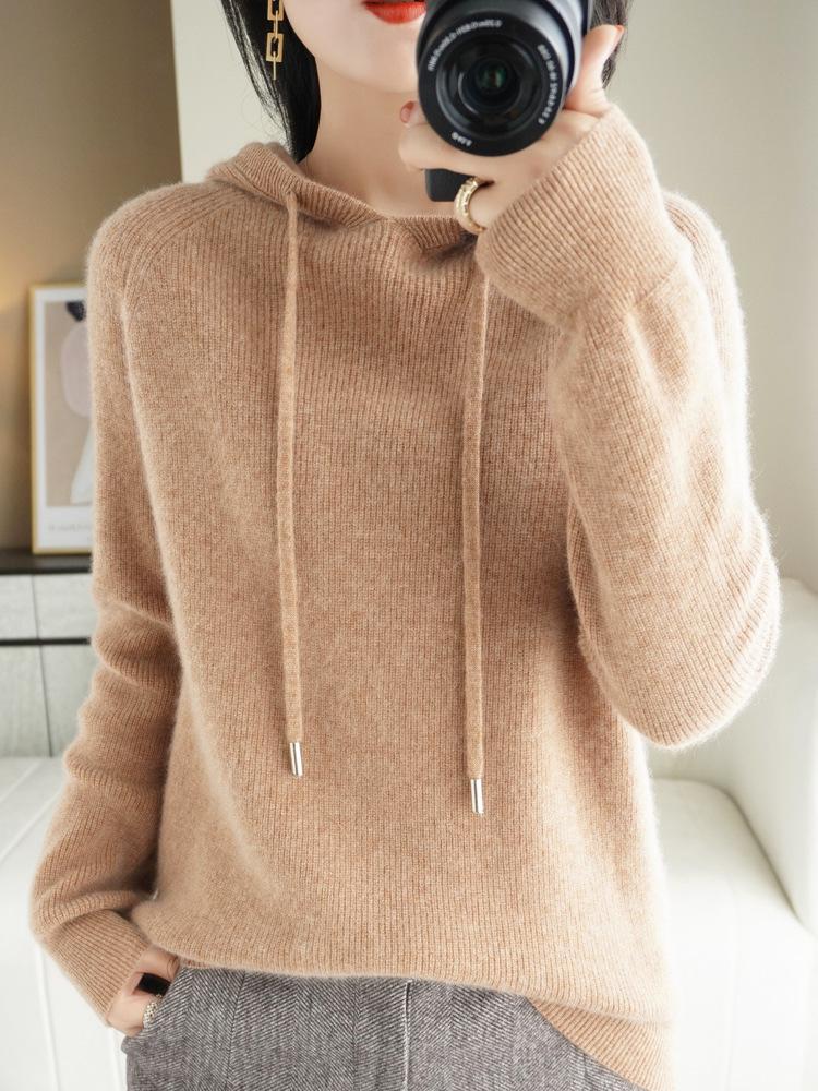 Women's Lace-up Knit Hoodie: Spring/Autumn Long Sleeve Loose Pullover Sweatshirt