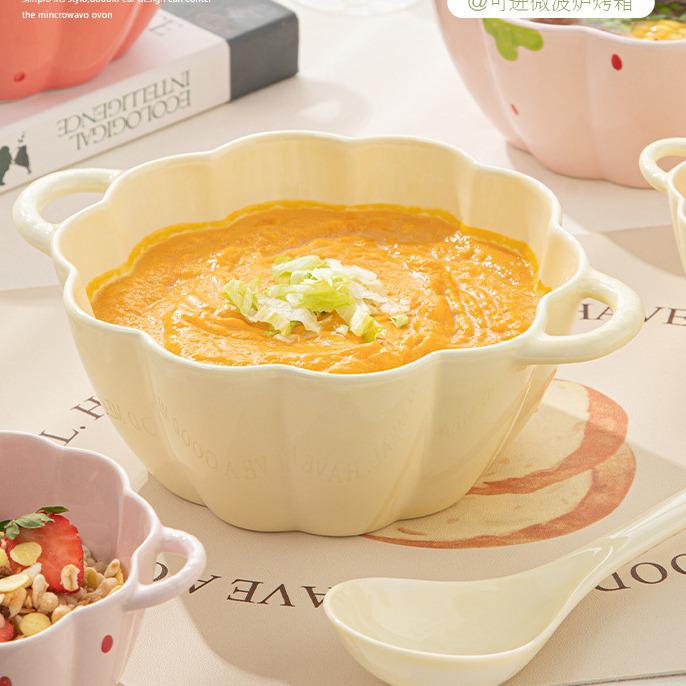 Cute Double-Handled Ceramic Bowl & Plate Set - Ideal for Instant Noodles, Soup, & More with Spoon & Chopsticks