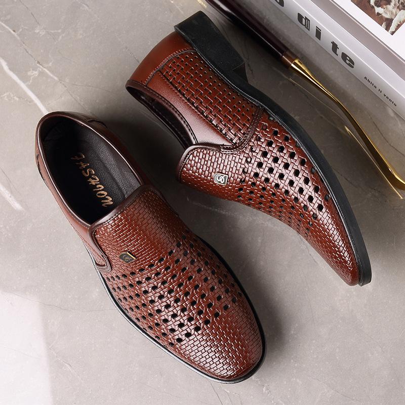 2024 summer leather sandals men's height increase breathable hollow business leather shoes men's one-pedal casual hole shoes men