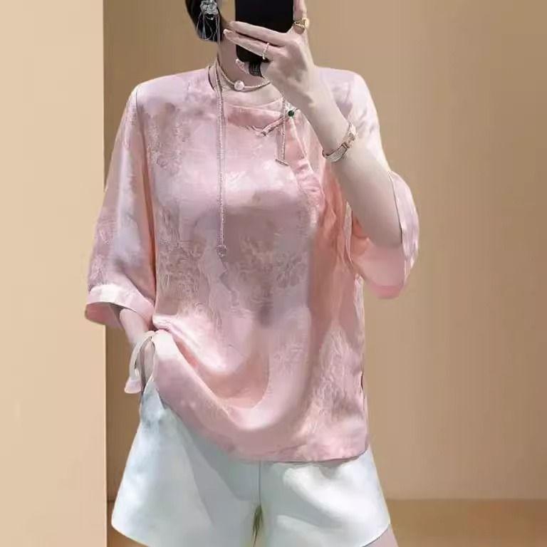 Chinese jacquard shirt new women's summer retro oblique placket round neck seven-point top temperament shirt versatile