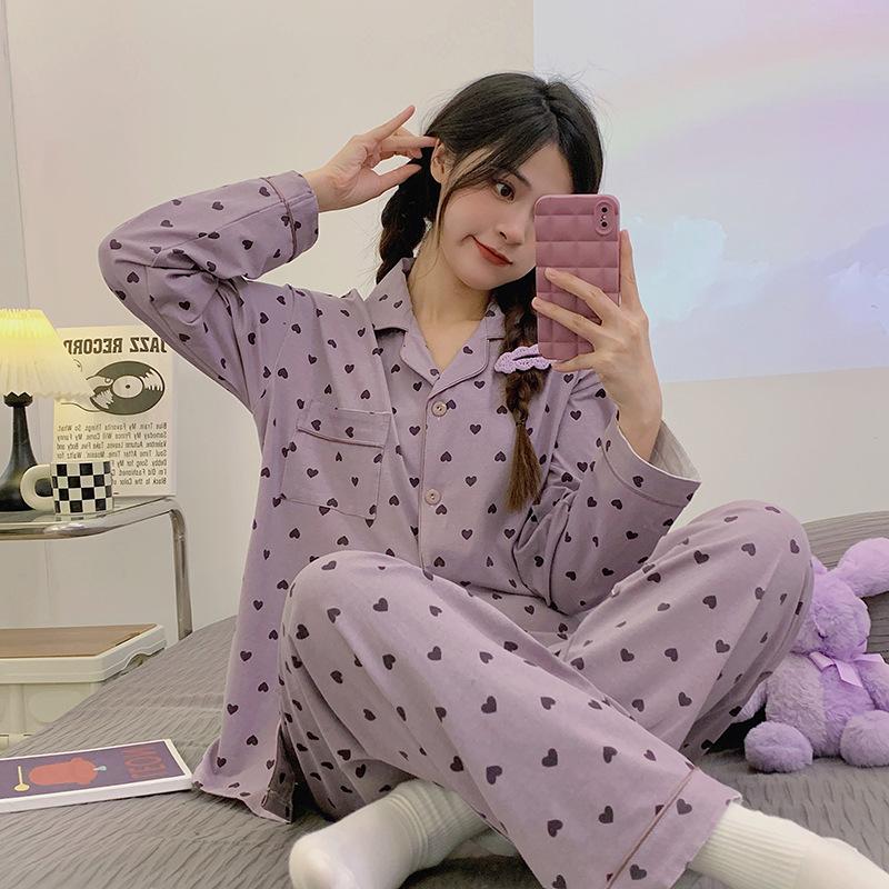 Japanese cute cartoon pajamas women's spring and autumn imitation cotton long-sleeved soft girl casual loungewear suit can be worn outside