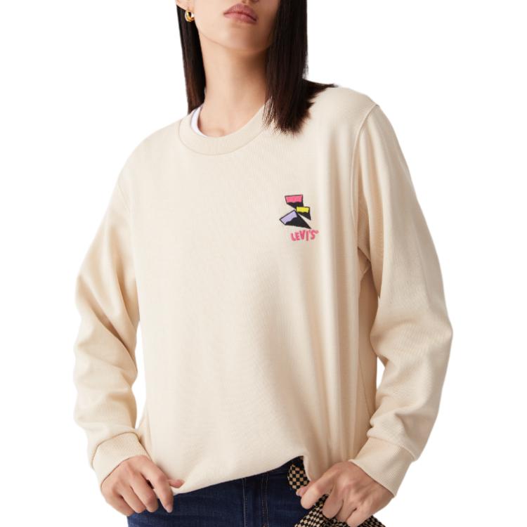 Levis Round Neck Embroidered Pullover Comfortable Long Sleeve Sweatshirt Women sweatshirt Beige 0015S-0000