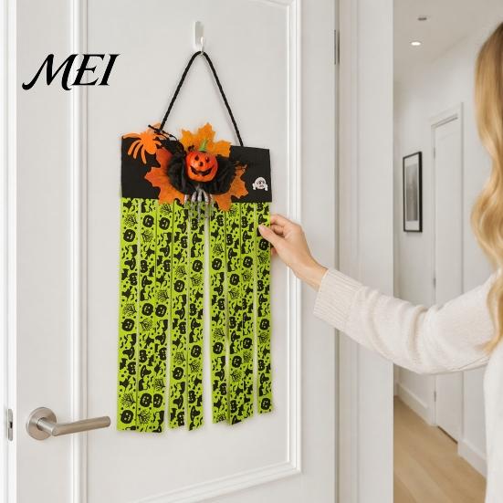 Dynamic Swaying Door Lintel Decoration Halloween Rag Flag Banner, Pumpkin Maple Leaf Flower Ribbon Hanging Escape Room Thrilling Atmosphere