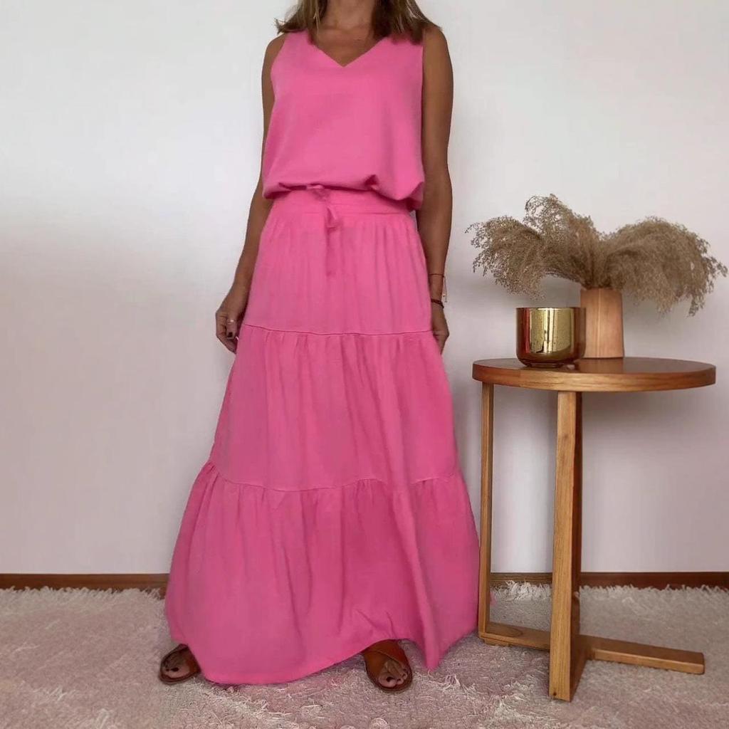 2024 Spring/Summer Women's Solid Color V-Neck Sleeveless Top and Skirt Set