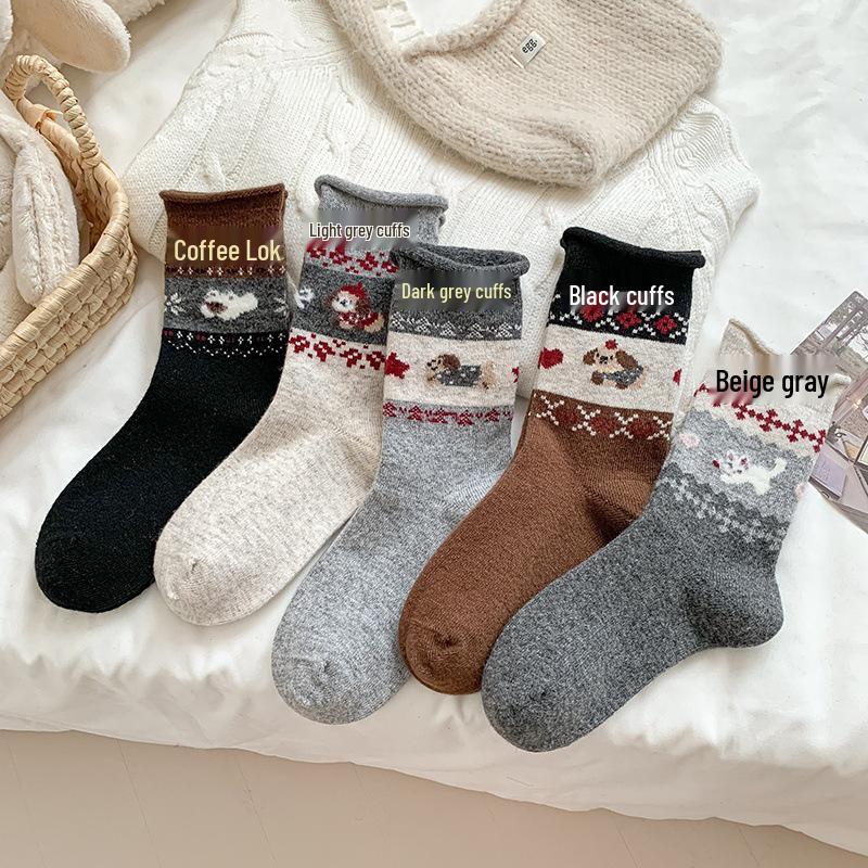 YOUJIAXIU Women's Wool Warmth Fair Isle Mid-Calf Socks - Thickened Plus Velvet, Cute Puppy Design for Autumn/Winter
