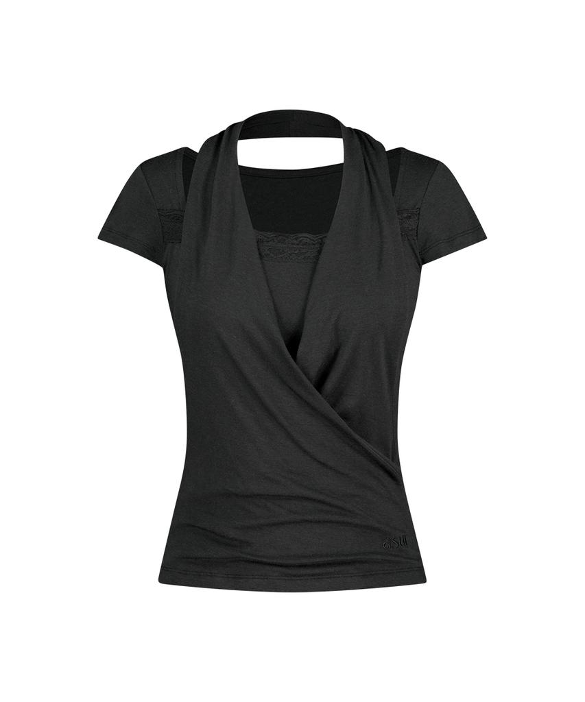 Aejeuyua Lace Cowl Neck T-Shirt Black
