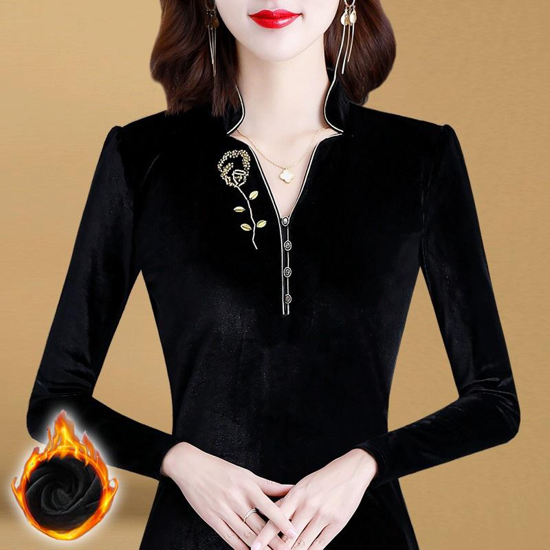 

Темпераментная базовая рубашка с V-образным вырезом для женщин, с длинным рукавом, зимний новый стиль, для матери среднего возраста, облегающий топ из золотого бархата 4XL