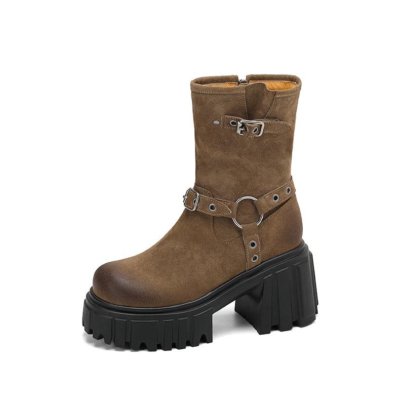 Frostet skinn retro polerte tykksålede Martin-støvletter for kvinner 2025 høst og vinter nye Maillard vanntette bord tykkhælede korte støvletter for w