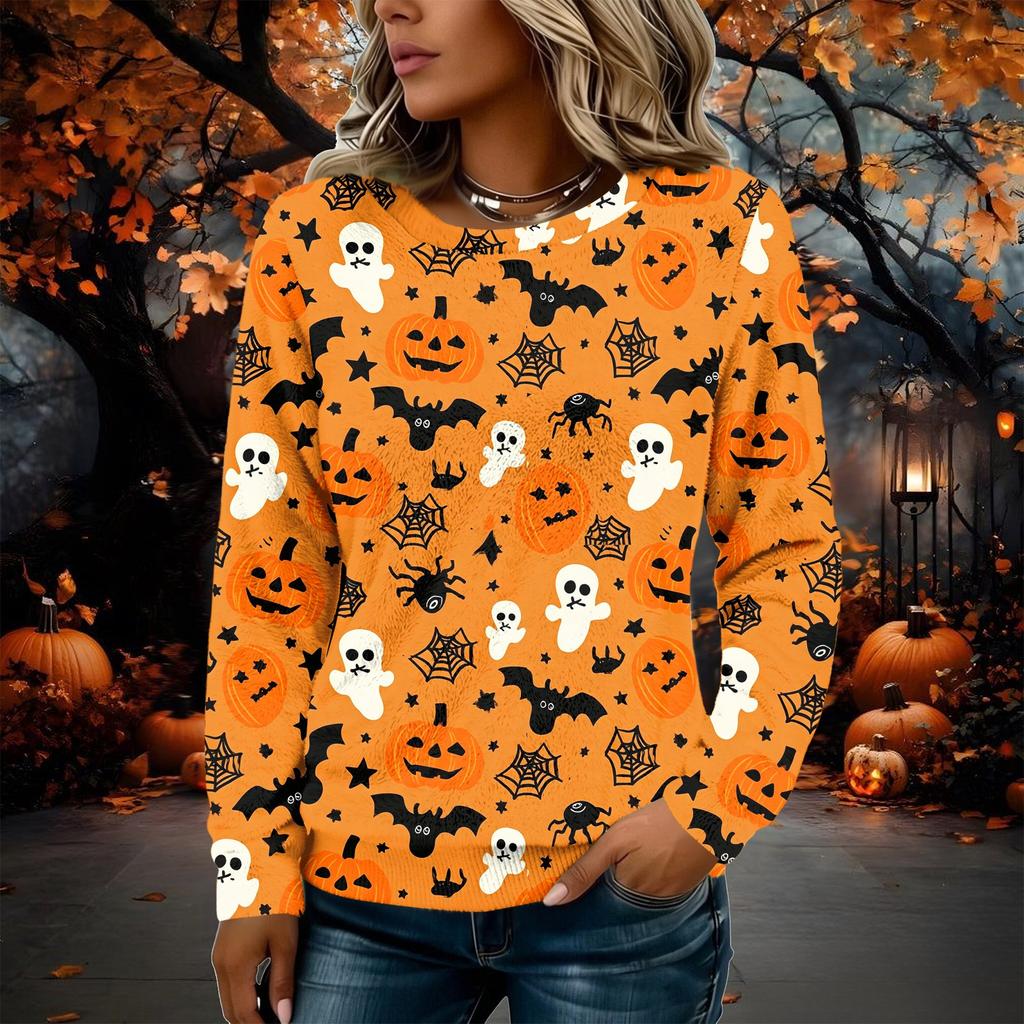 Women's Flannel Long Sleeve Top with Halloween Print Neck Pullover Shirt