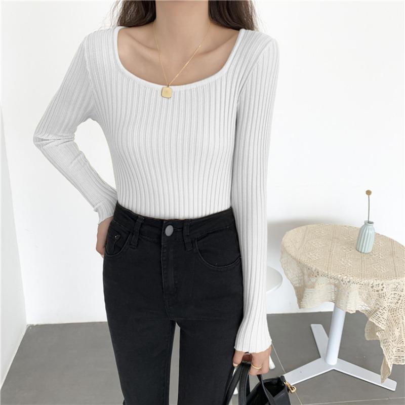 Podzimní Nový Top se čtvercovým výstřihem, Pletené základní tričko s dlouhým rukávem, Pulovr slim fit, Vnitřní svetr, Dámský univerzální top