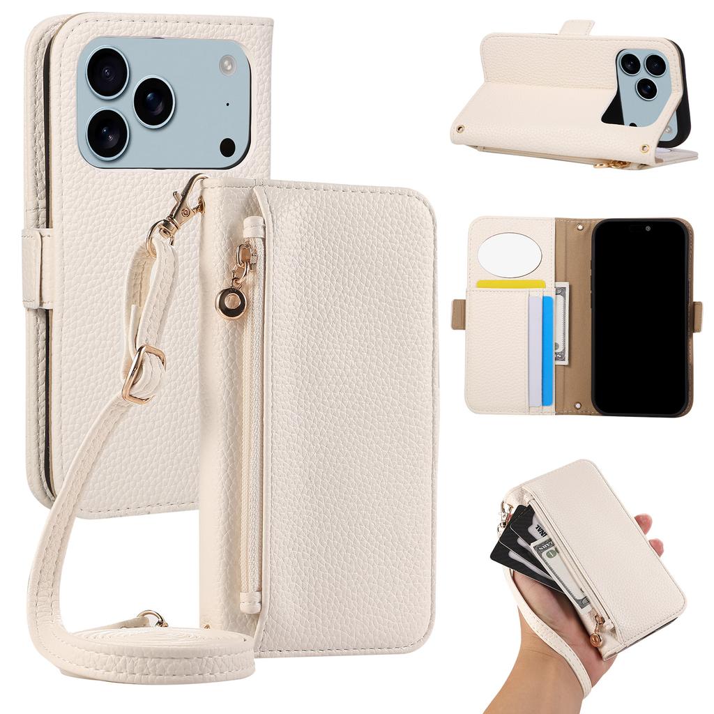 Zipper Flip Magnetic Cards Solt Mirror Wallet Leather Case For iPhone 17 Pro Max 16 Plus 15 14 13 12 11 Strap Slim Book Cover