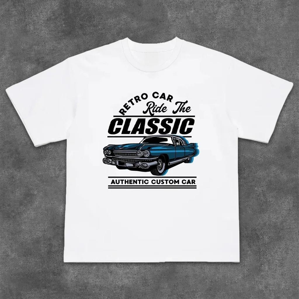26 Summer New Classic Vintage Car Culture Personalized Print Pure Cotton Loose Roundneck ShortSleeve Shirt