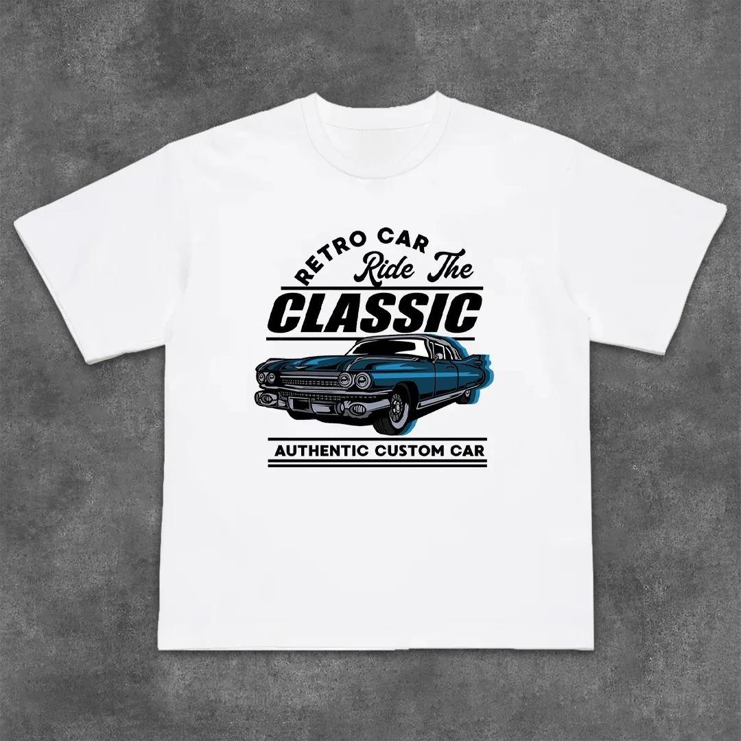 

26 Summer New Classic Vintage Car Culture Personalized Print Pure Cotton Loose Roundneck ShortSleeve Shirt 4XL