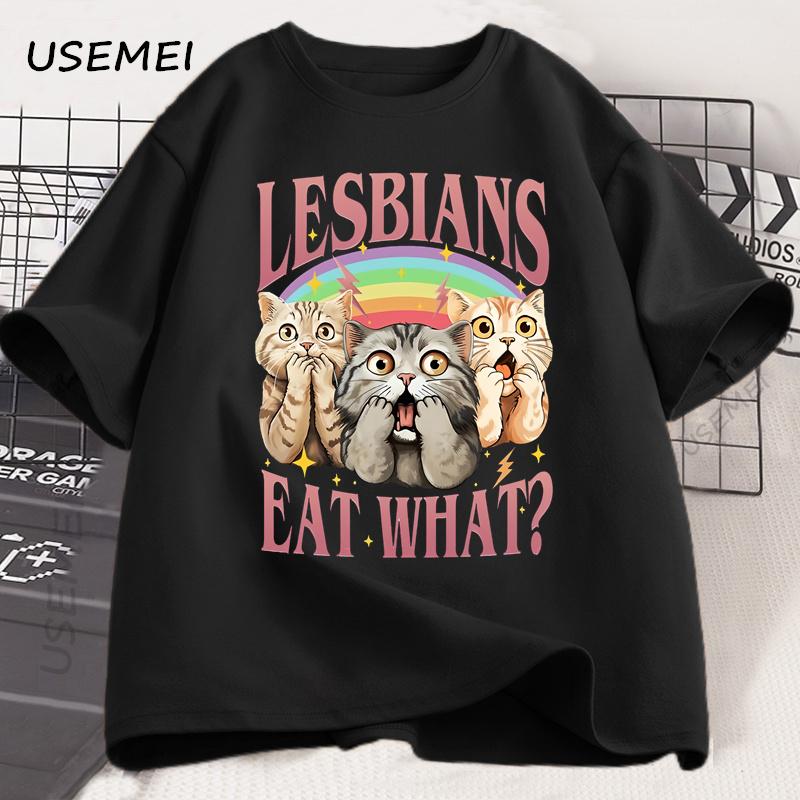 Retro LGBT Eat What Cat Lesbian Pride T-shirt Funny Equal Rights Graphic Cat Tees Unisex Short Sleeve Cotton Tshirt Clothing