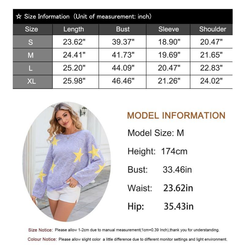 Womens Loose Fit Long Sleeve Knit Sweater With Star Round Neck Casual Pullover