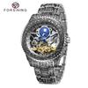 FORSINING Men's Automatic Watch Vintage Engraving Tourbillon Mechanical Skeleton Day Night Dial Wristwatch Stainless Steel Strap