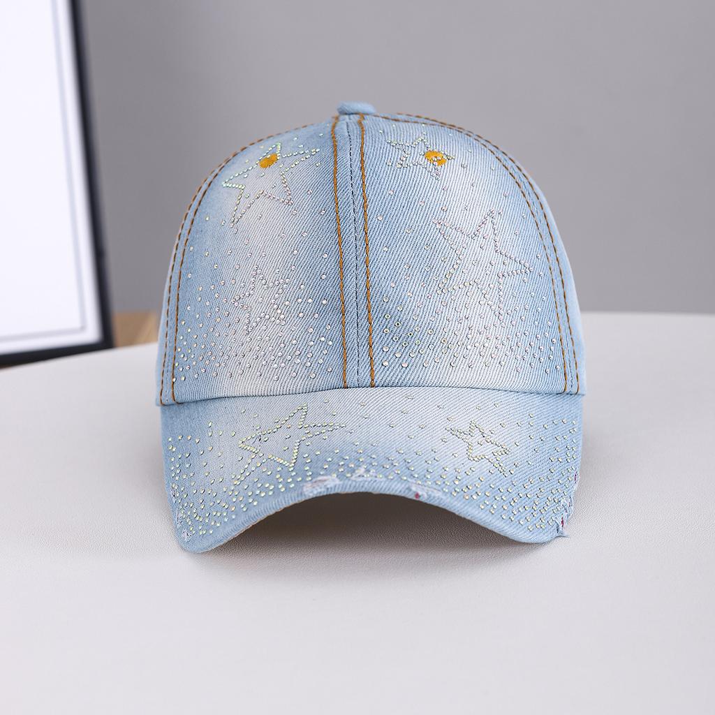 Vintage Chic Star-Shaped Rhinestone Five-Pointed Star Denim Distressed Baseball Cap - Suitable for Beach Vacation