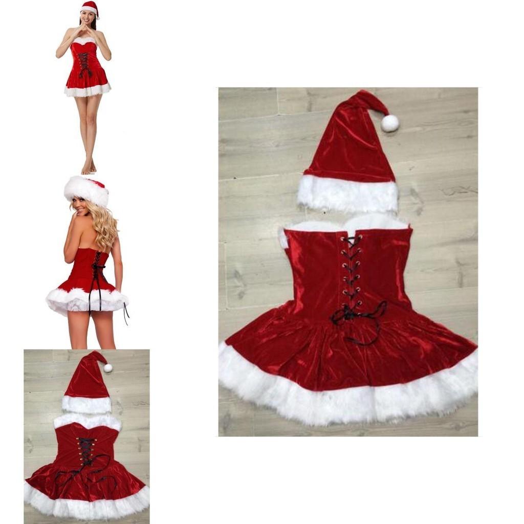 Stunning Backless Soft Touch Red Velvet Sexy Women Christmas Santa Claus Dress Hat