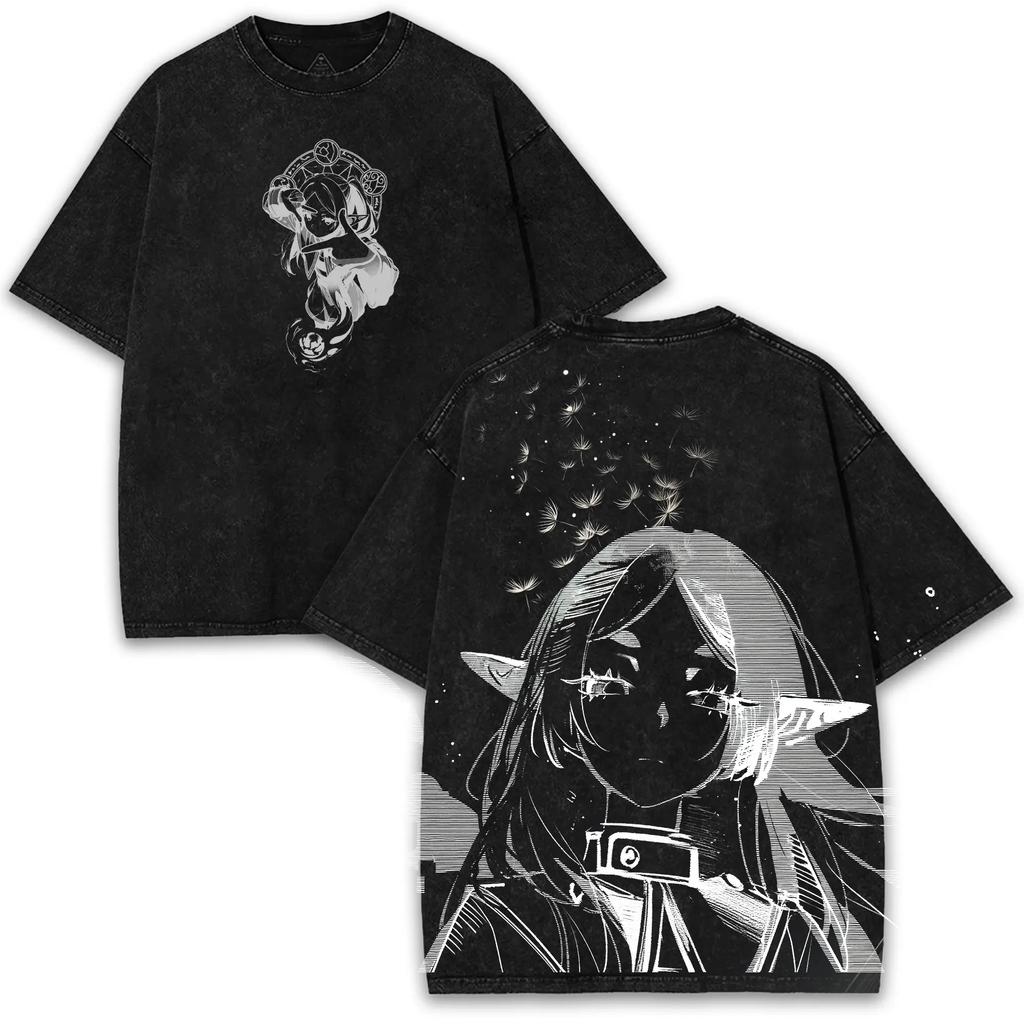 Anime Frieren T-shirt Gothic Vintage Y2k Washed T Shirt Men Women Clothing Summer Oversized Short Sleeve 100% Cotton Tees Tops