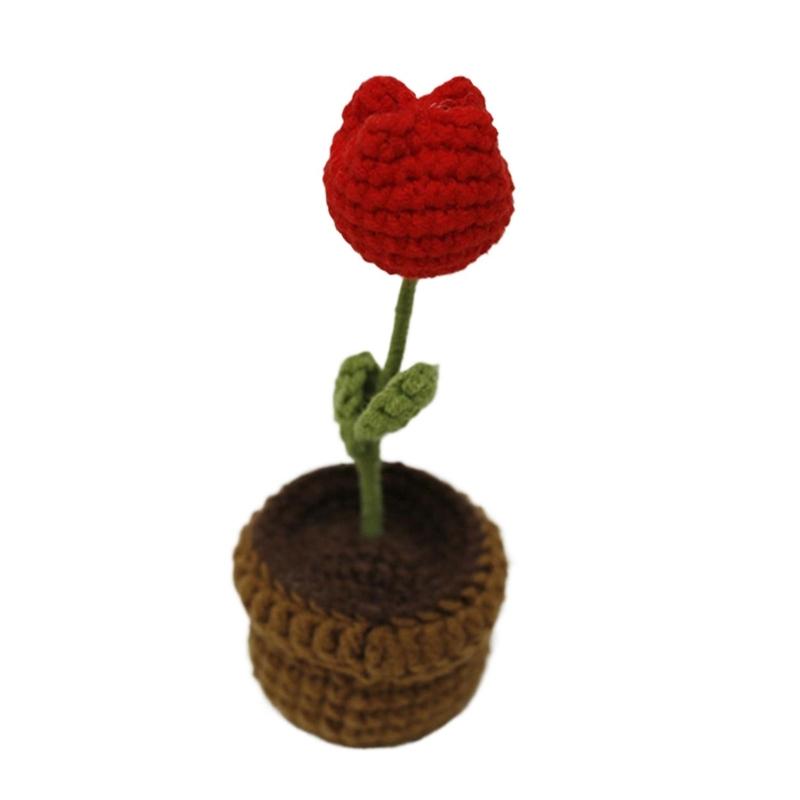 Crochet Heart Shape Flower In Pots Knitted Wool Mini Flower Potted Plant Romantics Ornament for Valentines Day Gift