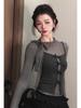 Korean Lace Patchwork Long Sleeve Crop Top Set for Women - Early Autumn/Winter Style