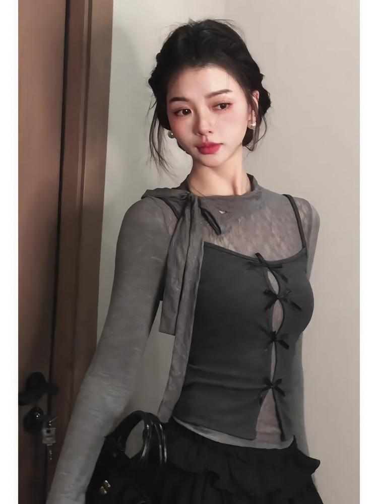 Korean Lace Patchwork Long Sleeve Crop Top Set for Women - Early Autumn/Winter Style